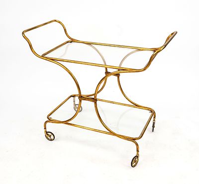 Large bar trolley/serving trolley, mid-20th century, gold-plated metal frame, 2 shelves with 
