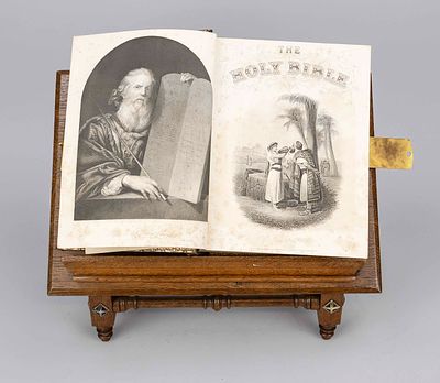 Table book stand with large Bible, 19th century. Book stand in oak with small metal fittings 