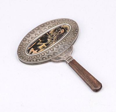 Hand mirror, France, circa 1900, frame in .950 silver with engraved decoration, stamped with 
