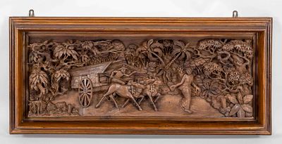 Carved picture, Asia, mid-20th century, hardwood. Deep relief with a cart pulled by water 