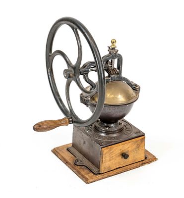 Large coffee grinder, France, late 19th century/early 20th century, cast iron, brass, wood. 
