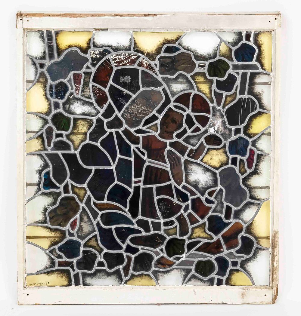 Lead glass window, 19th century or older, variously colored painted glass in lead frame 
