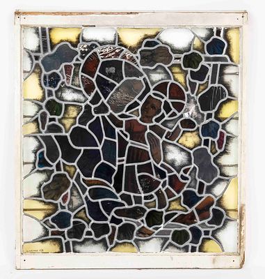 Lead glass window, 19th century or older, variously colored painted glass in lead frame 