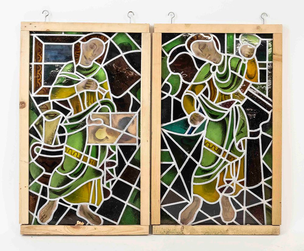 2 leaded glass windows, 20th century, variously colored painted glass in lead frame, depiction 