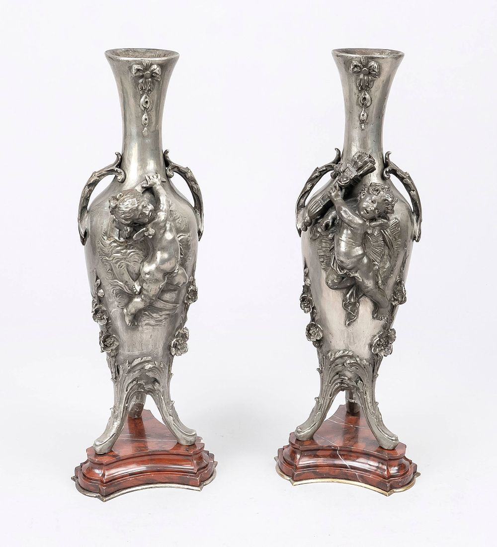 Pair of vases with figurative elements, France, around 1900, cast metal, signed Auguste Moreau. 