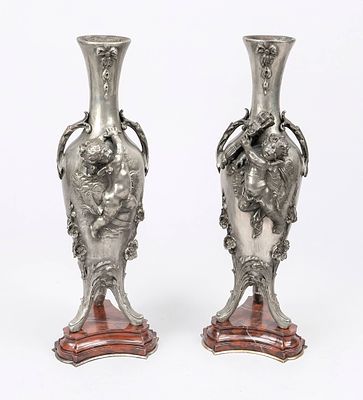 Pair of vases with figurative elements, France, around 1900, cast metal, signed Auguste Moreau. 