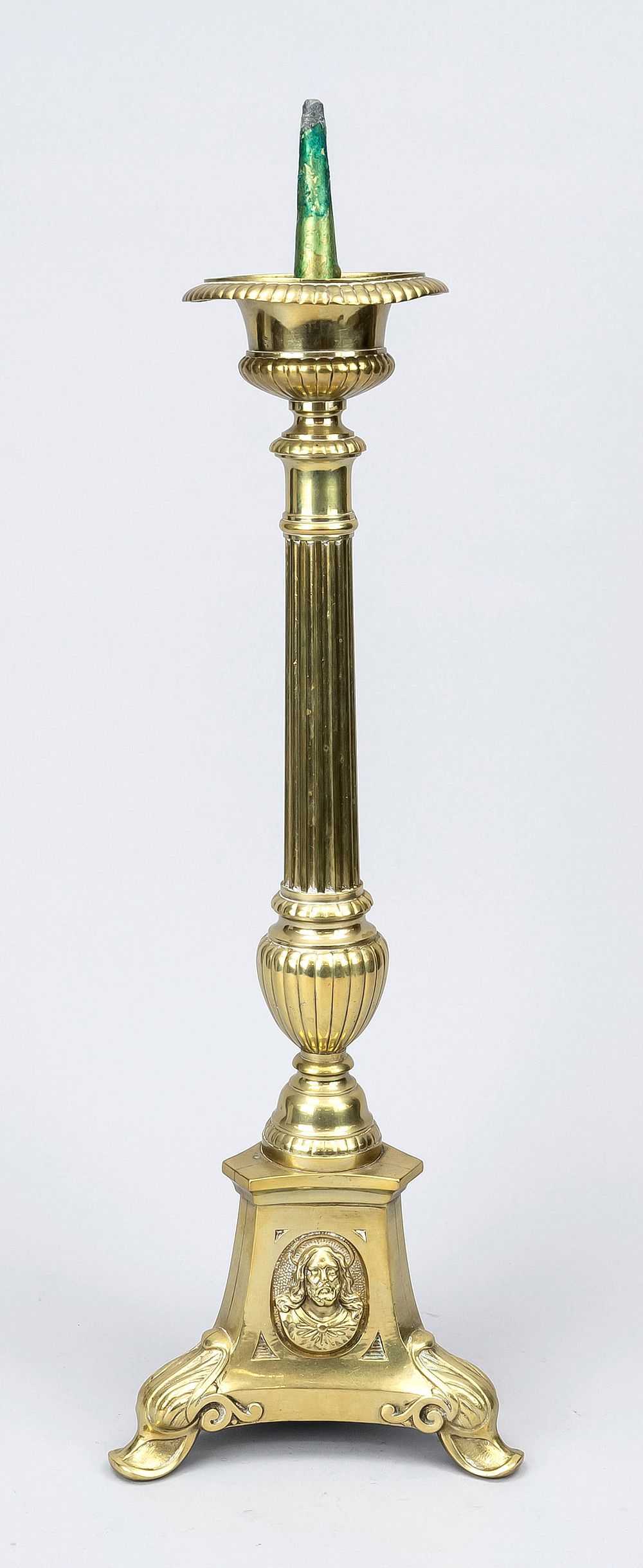 Church candlestick, 19th century, brass. Balustrade or column-shaped shaft on a trefoil base. 