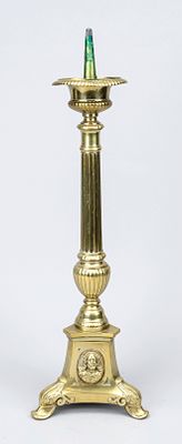 Church candlestick, 19th century, brass. Balustrade or column-shaped shaft on a trefoil base. 