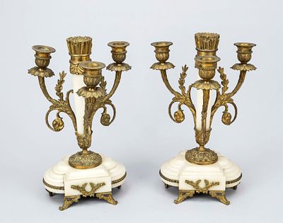 Pair of candlesticks, 19th century. Base and shaft in white marble with gilded bronze fittings. 