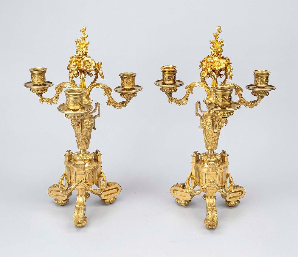 Pair of 3-light ceremonial candlesticks, Louis XVI style, 19th century, bronze gilt. Base with 