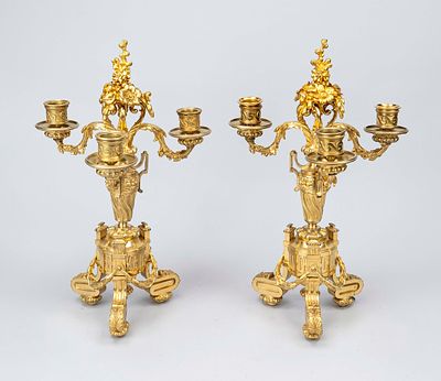 Pair of 3-light ceremonial candlesticks, Louis XVI style, 19th century, bronze gilt. Base with 