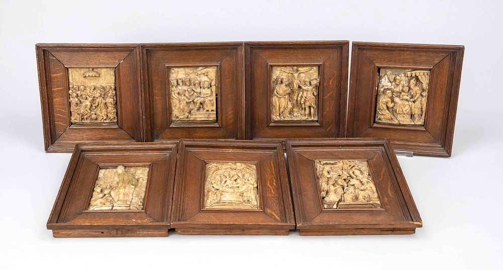 7 reliefs with biblical motifs, 19th century or earlier, alabaster mounted in wooden frames. 