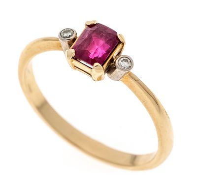 Synthetic ruby brilliant ring GG/WG 585/000 with one octagonal faceted synthetic ruby 5 x 4 mm 
