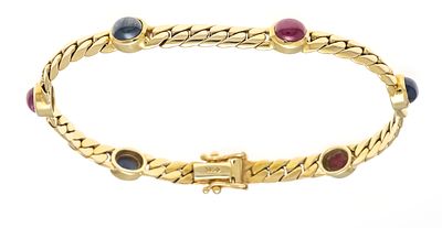Rubin-Saphir-Panzerarmband GG 585/000 mit jeweils 3 ovalen Rubin- und Saphir-Cabochons 5,8 x 4 