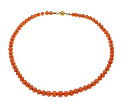 Korallen-Collier mit Kastenschließe 585/000 ungest., gepr., mit Strang aus leicht 