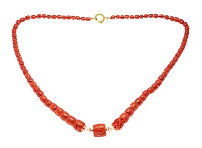 Korallen-Collier mit Federring Silber 925/000 vergoldet, Strang aus Tonnen-förmigen 