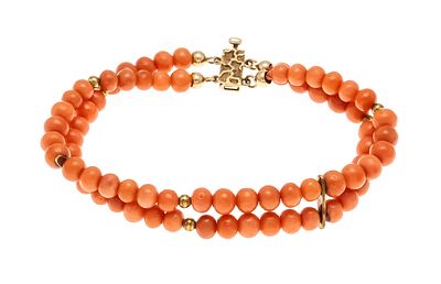 2-reihiges Korallen-Armband GG 585/000 mit Strängen aus Korallen-Kugeln 5,7 - 4,7 mm in 