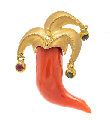 Korallen-Anhänger GG 410/000 ungest., gepr., mattiert, in Form einer Narrenkappe, besetzt mit 