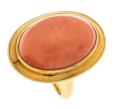Korallen-Ring GG 750/000 mit einem großen, ovalen Korallen-Cabochon 21,5 x 15,8 x 7,0 mm in 