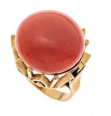 Korallen-Ring GG 585/000 mit einem runden, boutonförmigen Korallen-Cabochon 17 mm in einem 