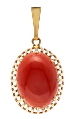 Korallen-Anhänger GG 585/000 mit einem ovalen Korallen-Cabochon 19 x 14 mm in Orangerot, L. 36 