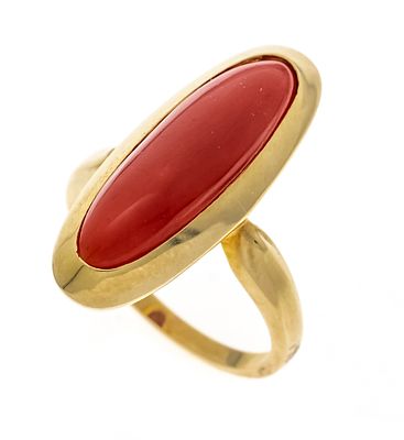 Korallen-Ring GG 585/000 mit einem navetteförmigen Korallen-Cabochon 21,5 x 6,5 mm in einem 