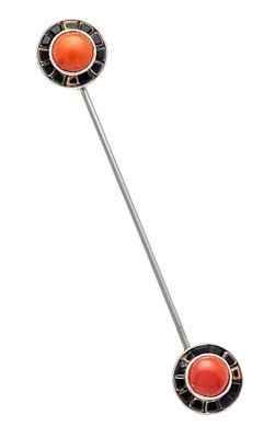 Art Déco Stab-Brosche Platin 800/000 ungest., gepr., mit 2 runden Korallen-Cabochons 7,7 mm in 