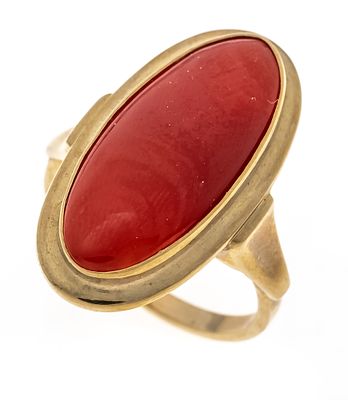 Korallen-Ring GG 333/000 mit einem ovalen Korallen-Cabochon 21,5 x 9,5 mm Rot, RG 53, 3,4 g