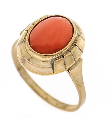 Korallen-Ring GG 333/000 mit einem ovalen Korallen-Cabochon 10 x 7,5 mm in Lachsorange, RG 55, 2,2 g