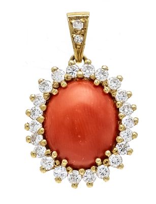 Korallen-Anhänger GG 585/000 mit einem ovalen Korallen-Cabochon 11,5 x 9,4 mm in Lachsorange 