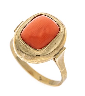 Korallen-Ring GG 333/000 mit einem rechteckigen Korallen-Cabochon 10 x 8 mm in Lachsorange, RG 