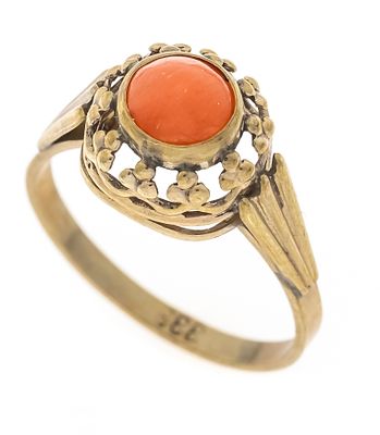 Korallen-Ring GG 333/000 mit einem runden Korallen-Cabochon 5,1 mm in Lachsorange, RG 48, 1,2 g