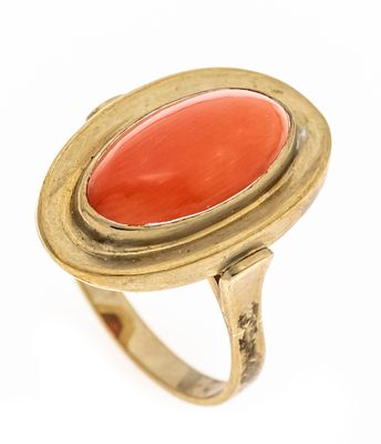Korallen-Ring GG 333/000 mit einem ovalen Korallen-Cabochon 14,5 x 7,5 mm in Lachsorange mit 