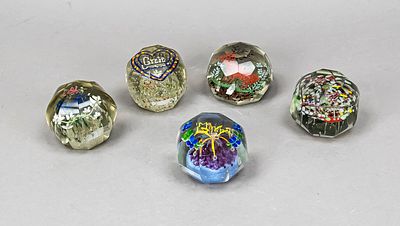 Five paperweights, 20th century, each angular in shape, 3 with name dedication, 1 with monogram 