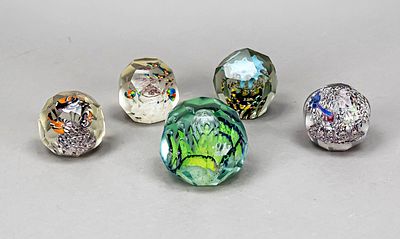 Five paperweights, 20th century, each with angular shape, 1x with monogram, each with different 