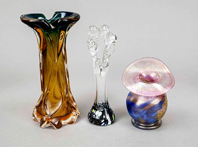 Three vases, 20th century, different shapes and sizes, clear and colored glass, height up to 24.5 cm