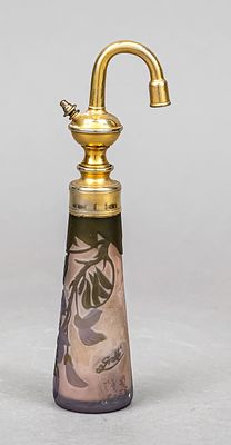 Perfume atomizer, France, circa 1910, Emile Gallé, Nancy, round base, body with tapered walls 