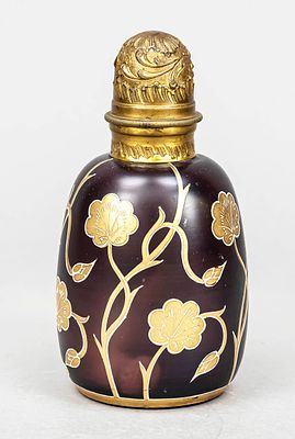 Art Nouveau flacon, circa 1900, round base, ovoid body, violet glass with rich floral gold 
