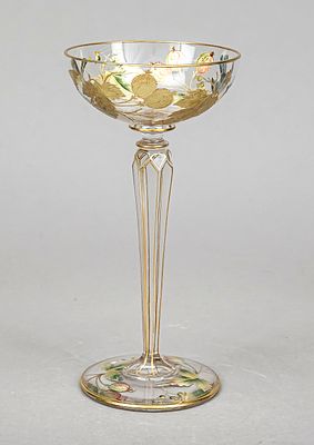 Art Nouveau stemmed glass, circa 1900, disc foot, angular conical shaft, flat bowl, clear glass 