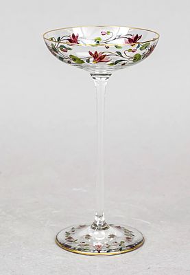 Art Nouveau liqueur glass, circa 1900, round disc base, slender tall stem, flat bowl, clear 