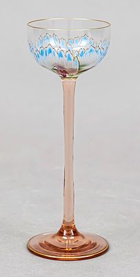 Art Nouveau liqueur glass, circa 1900, round disc base and slender stem, rose-colored glass 