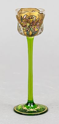 Art Nouveau liqueur glass, circa 1900, round disc base and slender stem, green glass, curved 