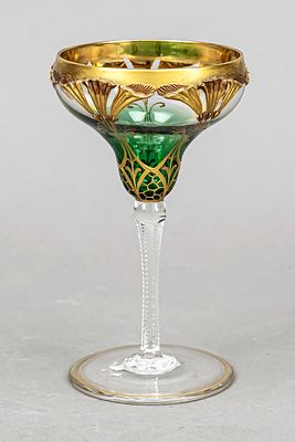 Art Nouveau stemmed glass, circa 1900, round disc base, angular stem, curved goblet-shaped bowl 