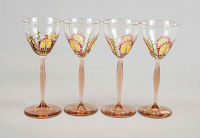 Four Art Nouveau stemmed glasses, Theresienthal, circa 1900, form 1565, round disc base 