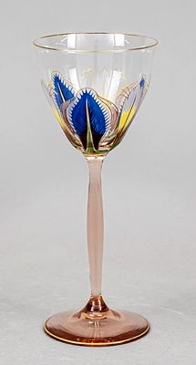 Art Nouveau stemmed glass, Theresienthal, circa 1900, round disc foot and bulbous stem 