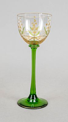 Art Nouveau stemmed glass, circa 1900, round disc foot and slender stem, green glass 