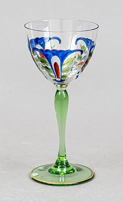 Art Nouveau liqueur glass, circa 1900, round disc foot and bulbous stem, greenish glass 