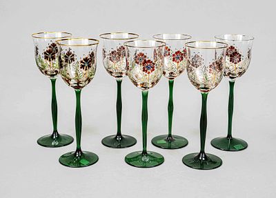 Seven wine glasses, Theresienthal, 1970s, Serenade model, round disc base and bulbous stem 