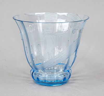 Art Deco vase, circa 1930, round beaded base, curved body, clear and bluish glass, cut 