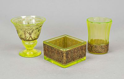 Set of three pieces, Moser, Karlsbad, around 1930, 2 vases in different shapes and a square 